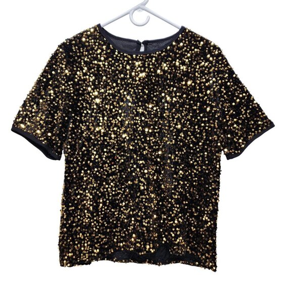 Gold Sequin Short Sleeve Top shirt Womens Size XL brown - Picture 1 of 6